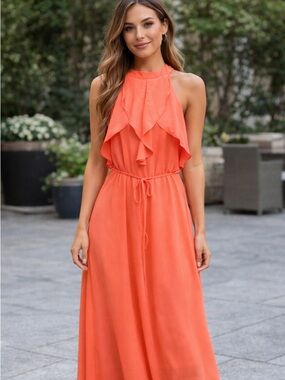 Sleeveless Ruffle Halter Maxi Dress in Coral